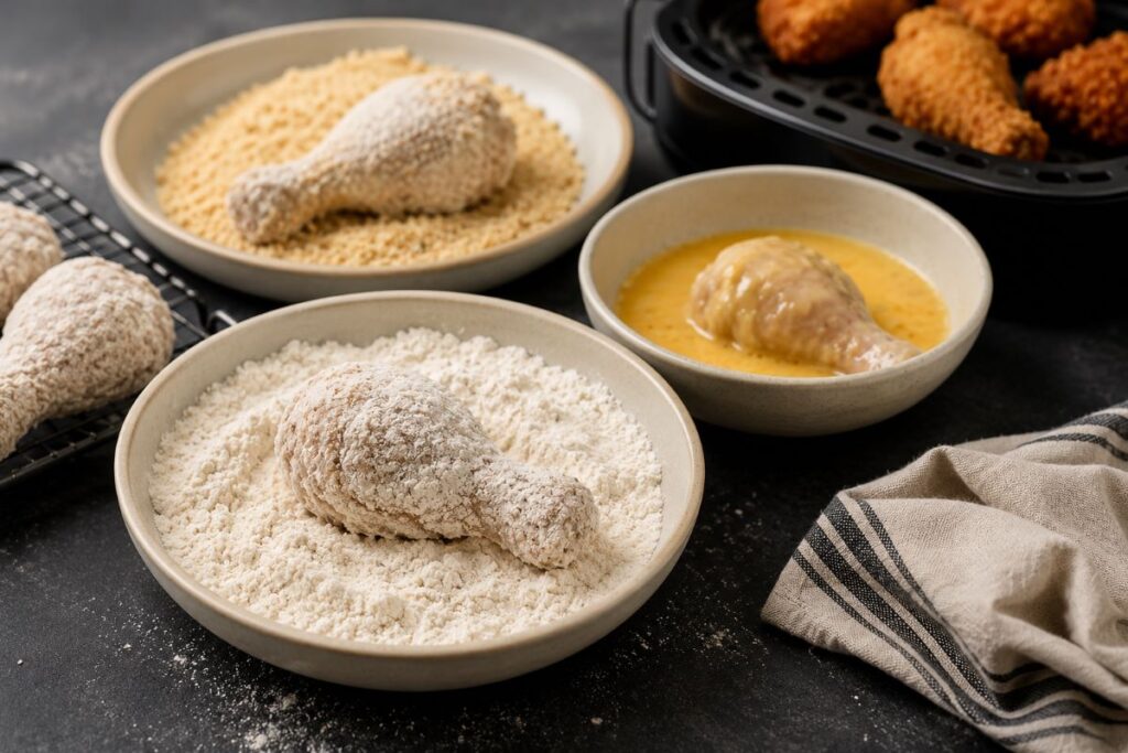 Chicken pieces being coated in flour , with bowls of egg wash and breadcrumbs nearby
