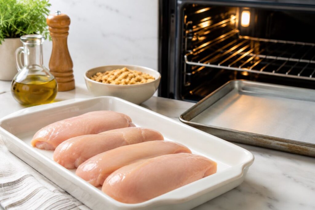 Chicken breasts, olive oil, Ritz crackers and baking tray next to preheated oven
