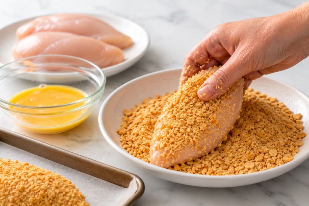 Hand pressing chicken breast into a plate of crushed cracker crumbs for coating, with egg wash and raw chicken nearby
