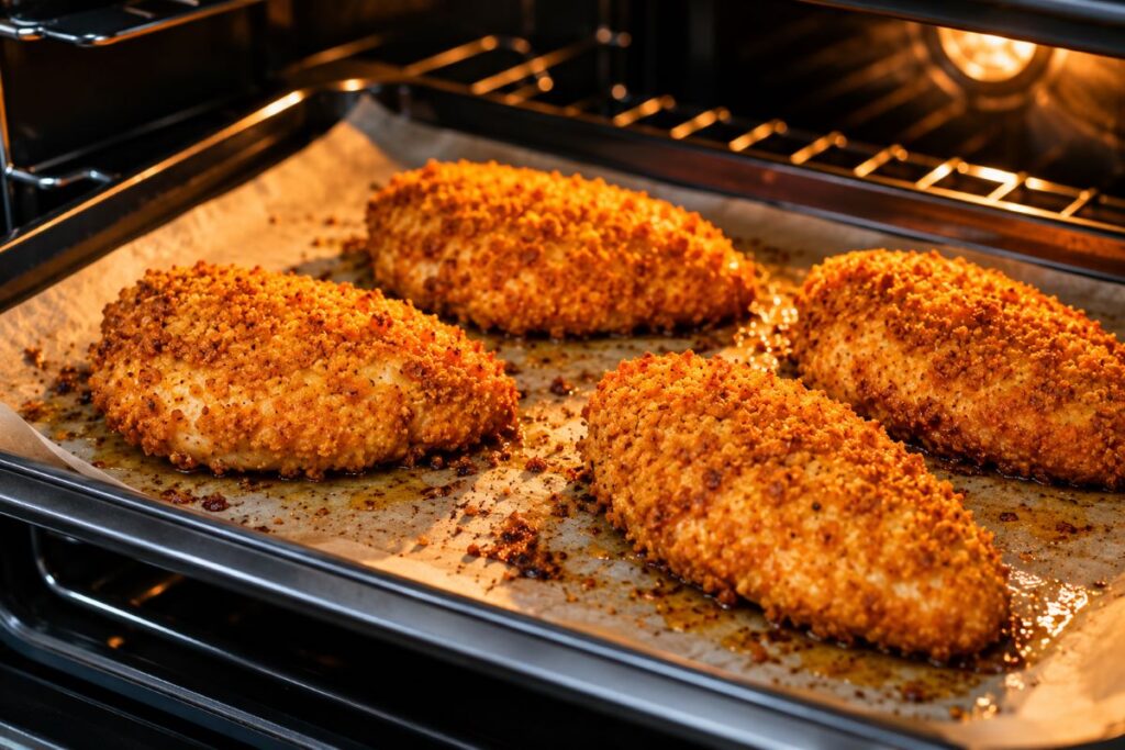 Golden brown breaded chicken breasts baking on a parchment lined tray inside a lit oven
