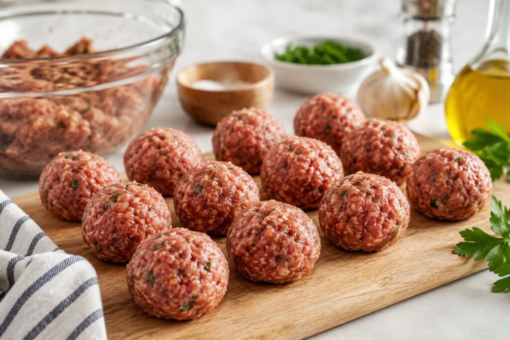 Raw meatballs on wooden cutting board with garlic, parsley, and olive oil for meatball pasta bake recipe

