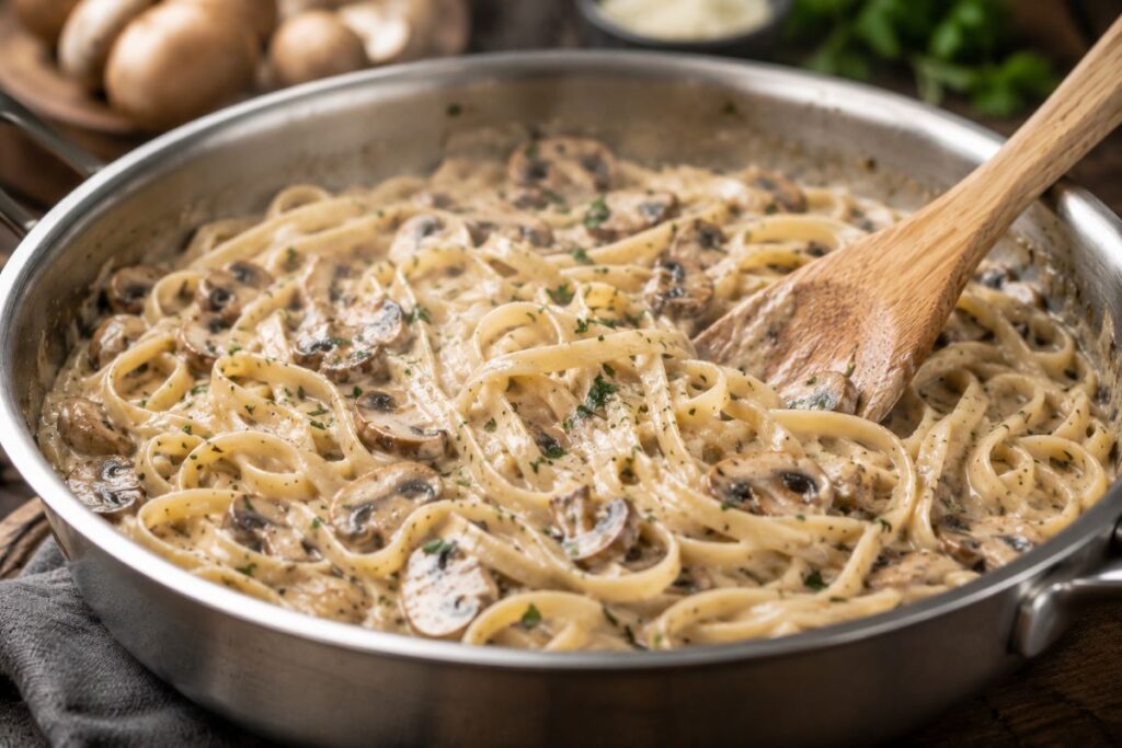 Pasta and mushrooms tossed in creamy sauce in frying pan
