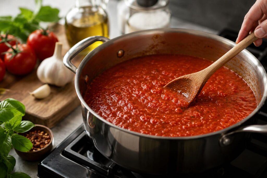 Tomato sauce simmering in a stainless steel pan with a wooden spoon
