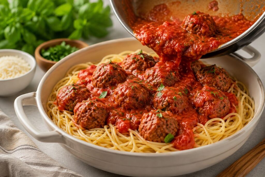 Meatballs and tomato sauce poured over spaghetti in white baking dish
