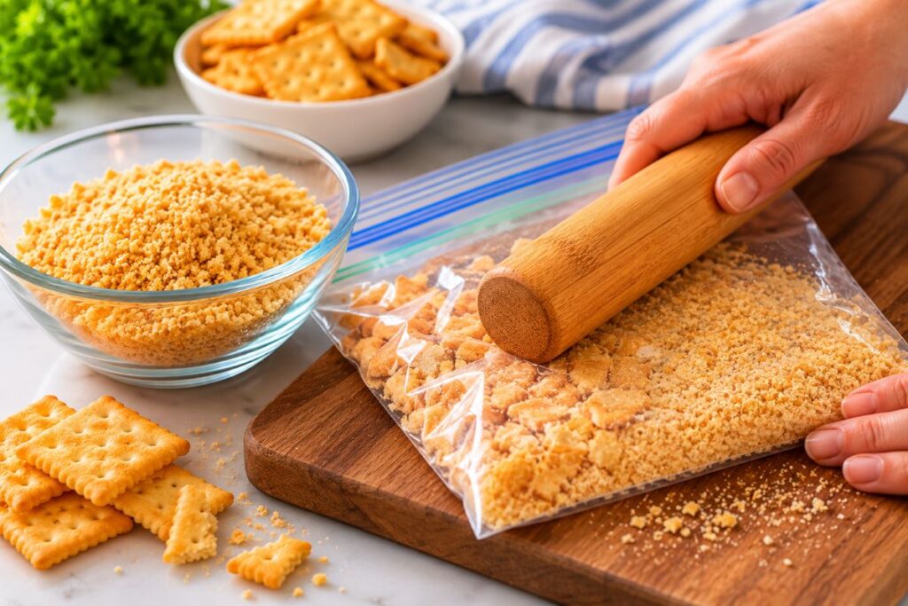 Crushing crackers in a zip-top bag with a rolling pin, bowl of crumbs nearby

