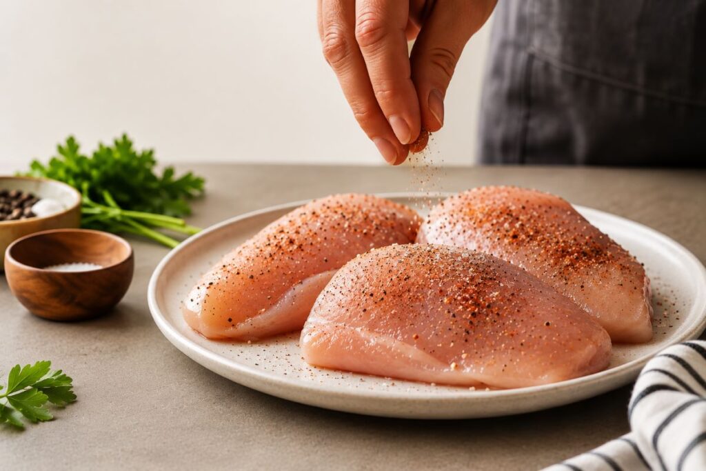 Raw chicken breasts seasoned with salt and Italian seasoning
