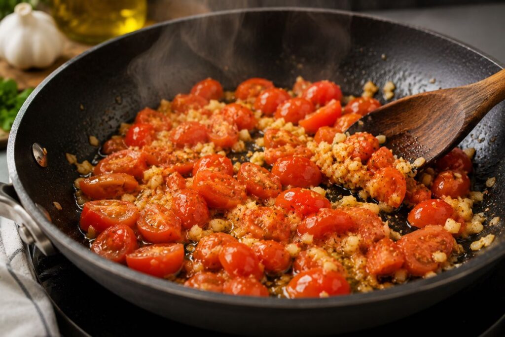Sauteing minced garlic and halved cherry tomatoes in skillet