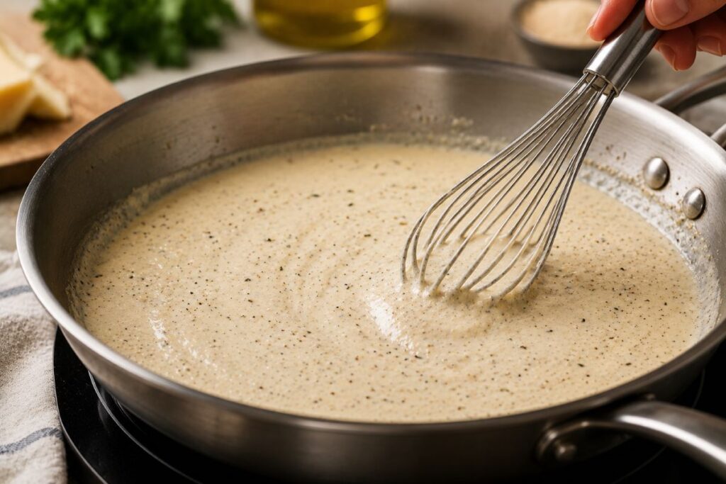 Creamy sauce being whisked in a pan