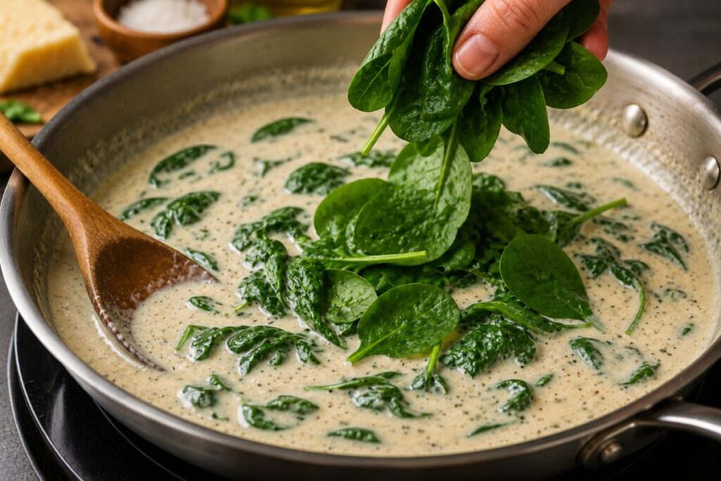 Adding fresh spinach leaves to sauce with wooden spoon