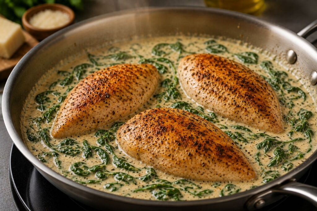 Three browned portions in green speckled velvety  mixture