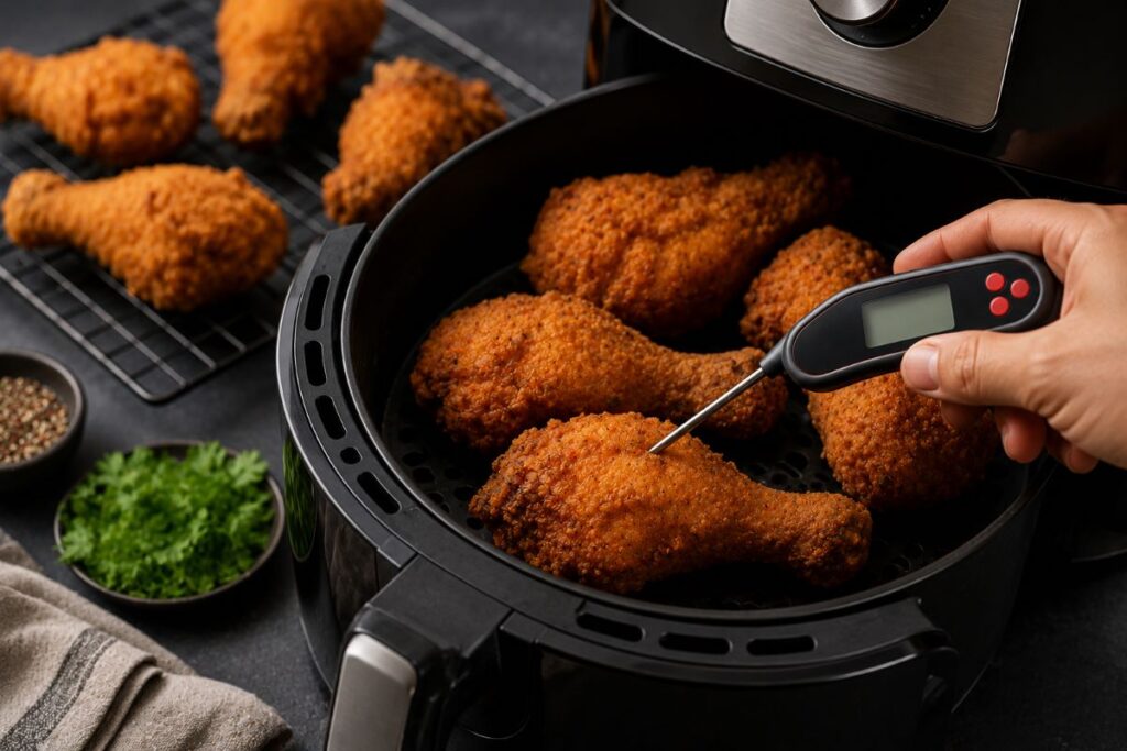 Digital meat thermometer reading 165F while checking breaded chicken in an air fryer
