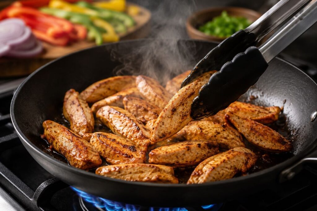 Golden brown seasoned chicken strips searing in a hot skillet with steam rising