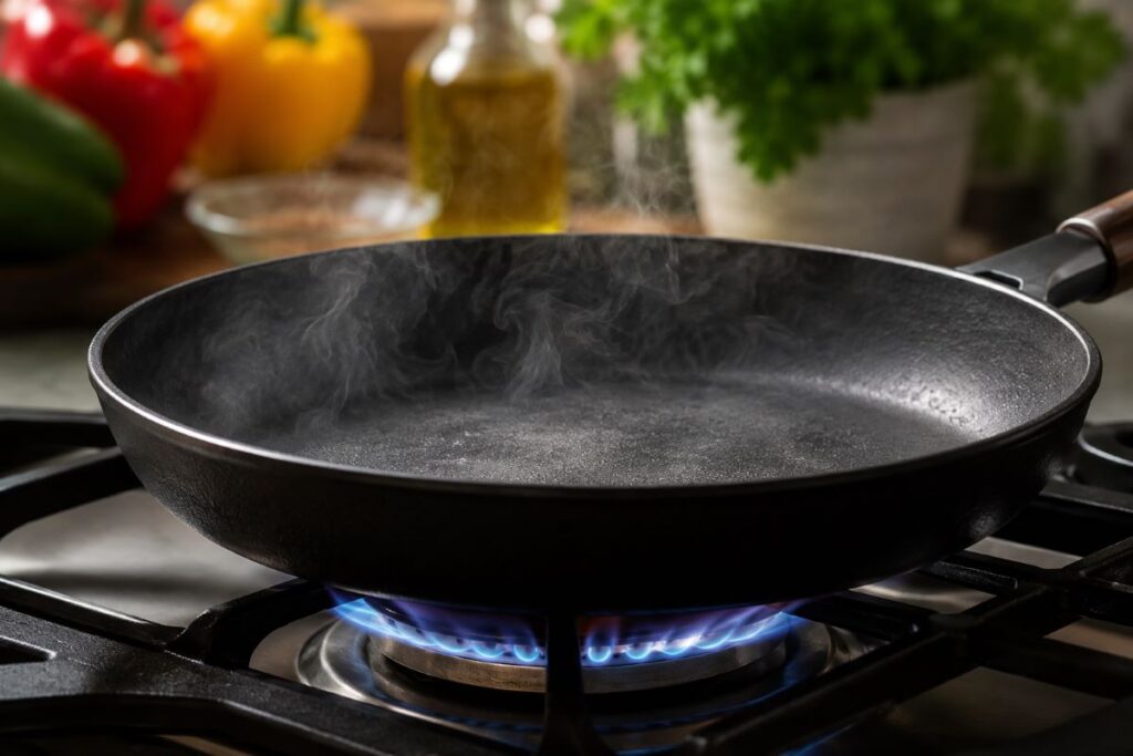Black cast iron skillet heating on gas stove with blue flame