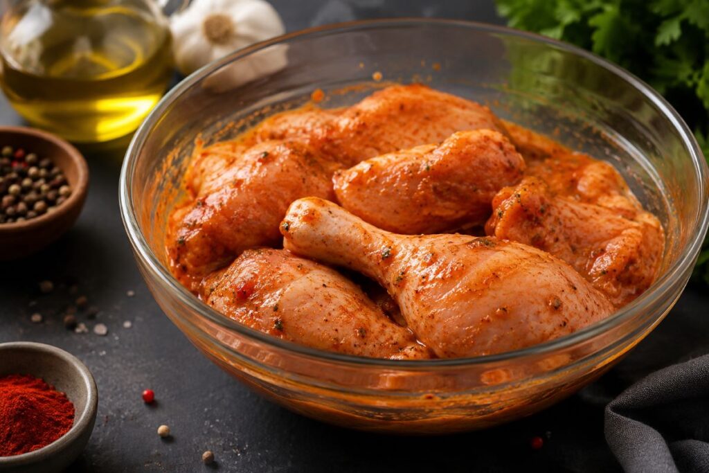 Raw chicken drumsticks are marinating in a spiced buttermilk mixture in a glass bowl
