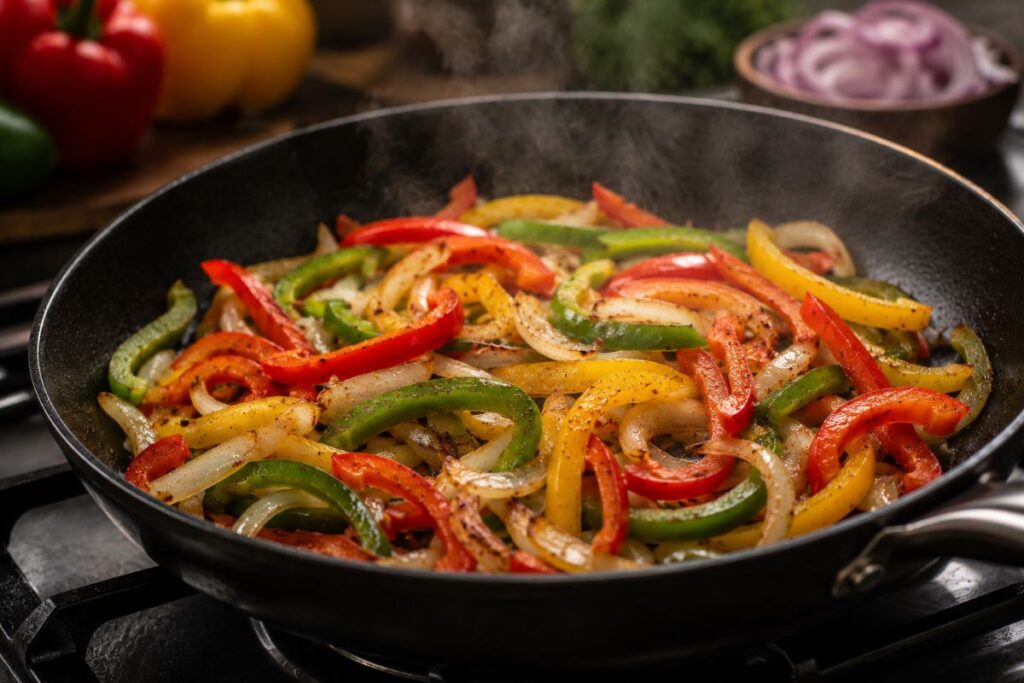Sliced red, green and yellow bell peppers with onlons sauteing in a hot pan