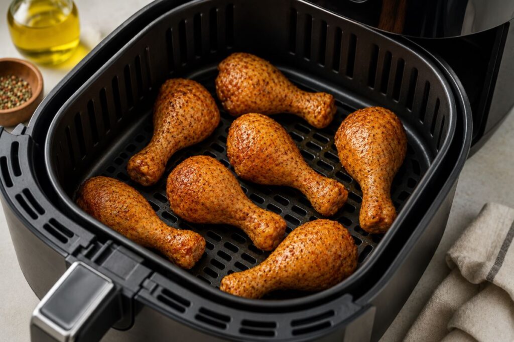 Seasoned chicken drumsticks arranged in a single layer in the air fryer basket