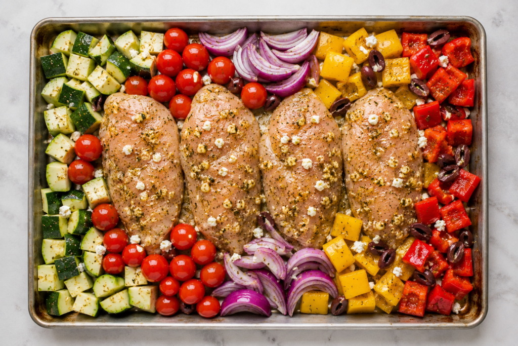 Raw seasoned chicken breasts on a sheet pan with zucchini, cherry tomatoes, red onion and bell peppers