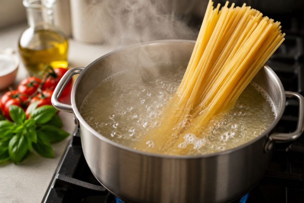 Spaghetti noodles being lowered into a pot of boiling water on a stovetop