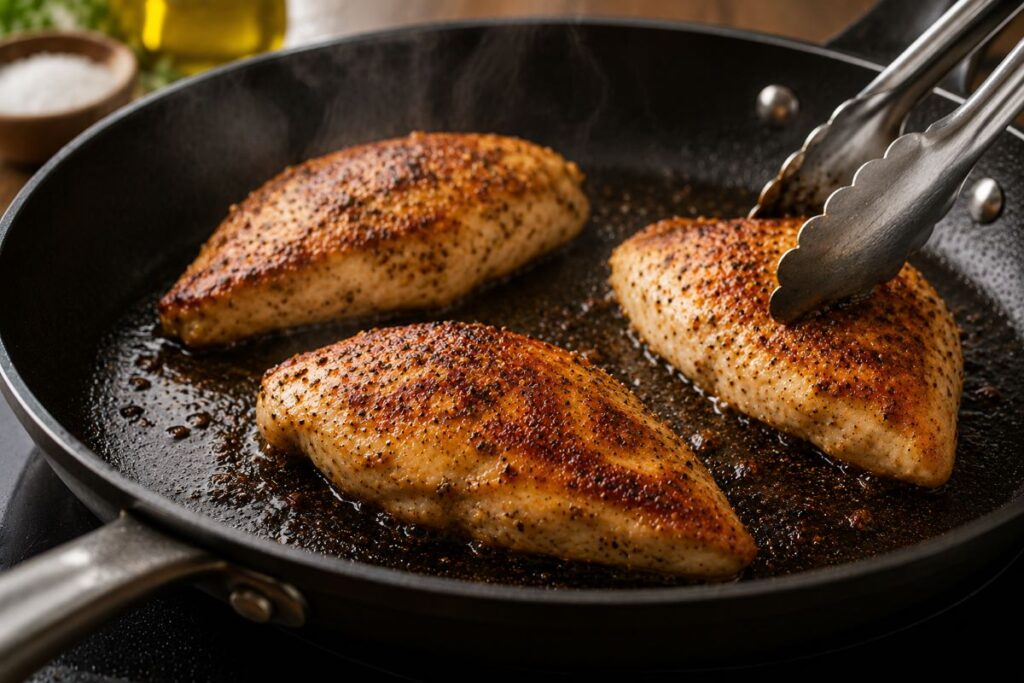 Three seasoned chicken breasts searing in a hot skillet with a golden brown crust