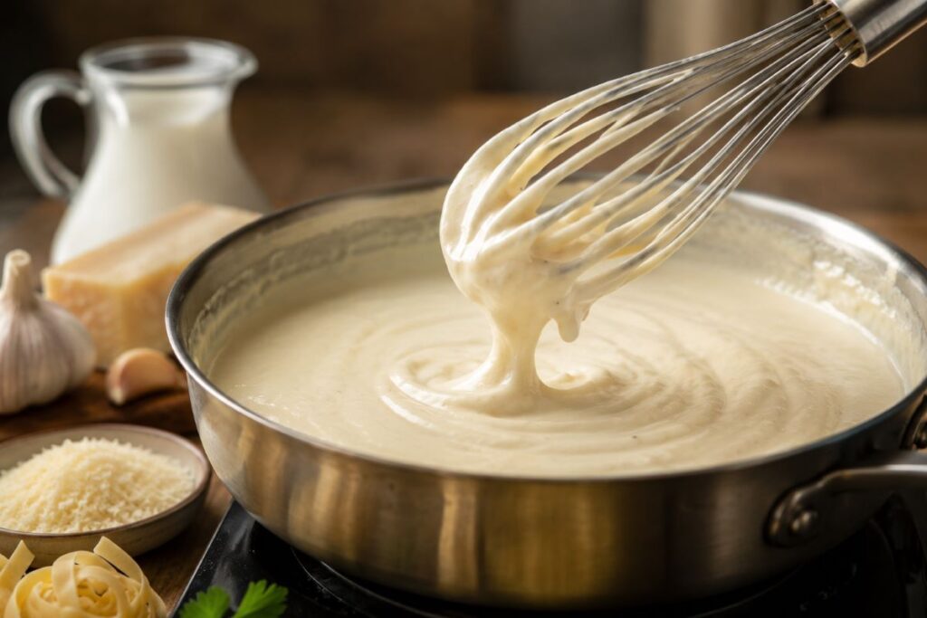 Creamy white sauce being whisked in a saucepan with garlic , parmesan cheese , and pasta in the background