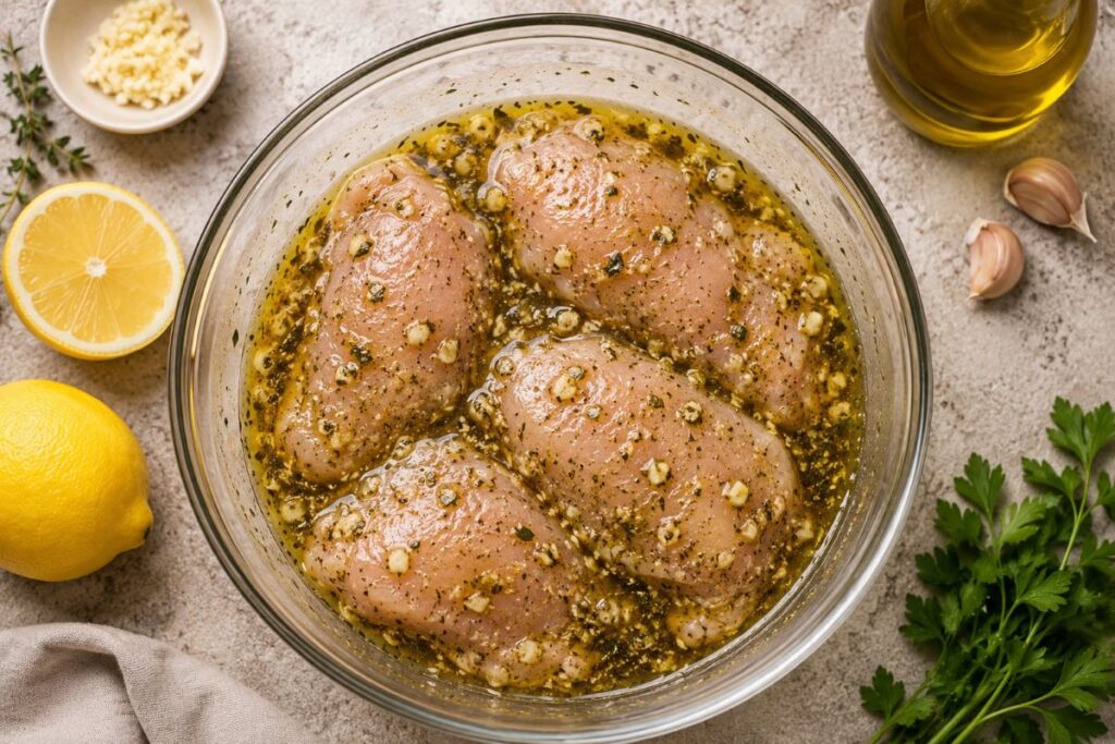 Raw chicken thighs are marinating in lemon garlic herb marinade in a glass bowl
