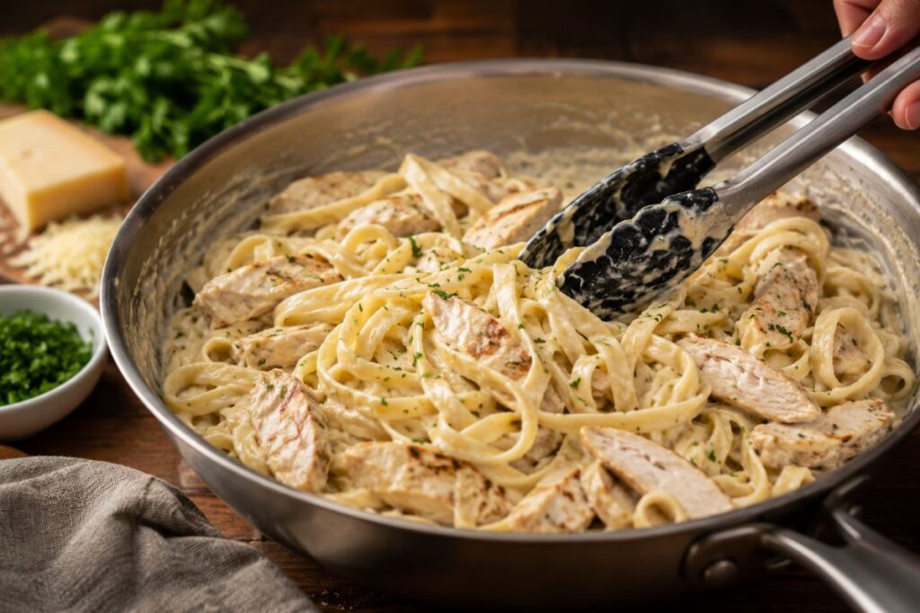 Tossing fettuccine noddles with chicken pieces and herbs in a pan