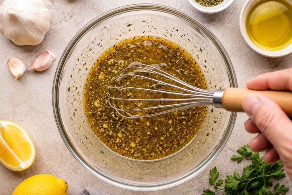 Whisk together olive oil, lemon juice, garlic, oregano, paprika, salt, and pepper in a bowl