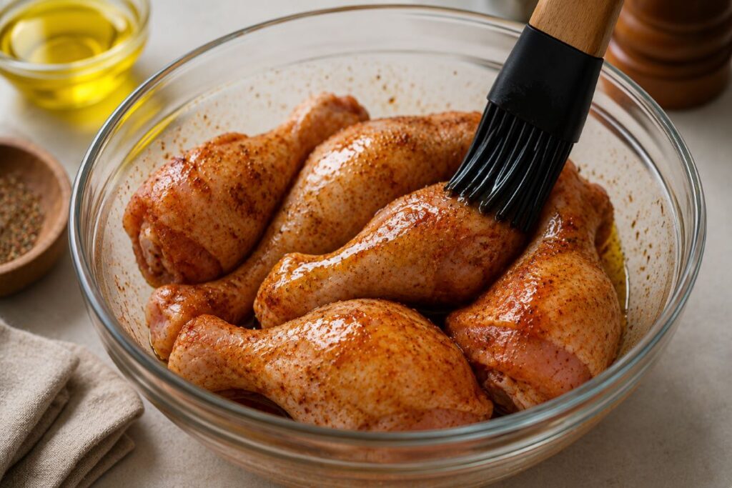 Chicken drumsticks coated with oil and spices in a bowl
